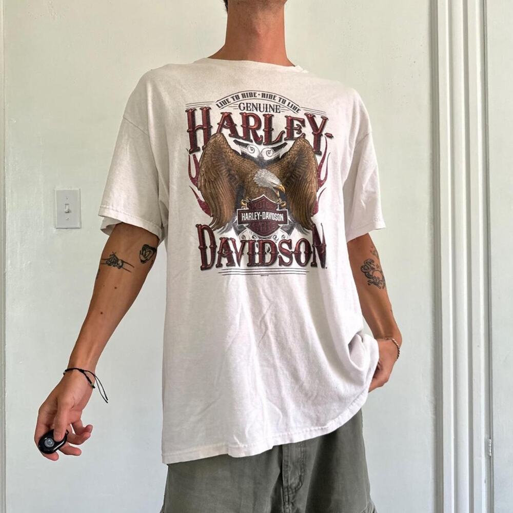 Vintage 00s White Harley Davidson USA Biker Eagle Beach Army Shirt
